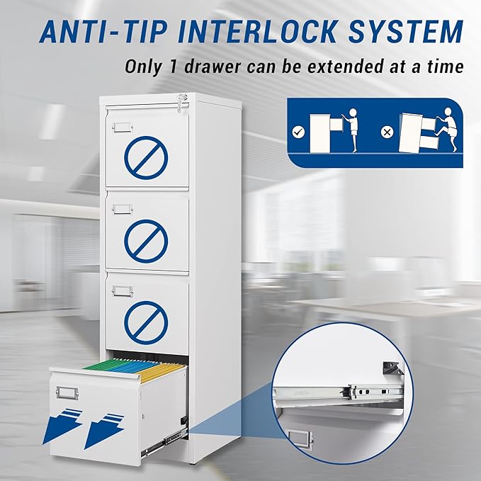 File Cabinets - 4 Drawers Vertical 17.8" Deep Lockable Filing Cabinet - White Metal Storage Cabinets for Home Office to Hanging Files Letter/Legal/F4/A4 Size