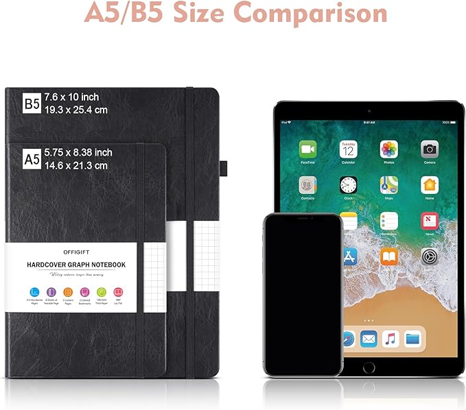 Graph Paper Notebook, 312 Numbered Pages B5 Hardcover Leather Journal, 100gsm No Bleed Grid Paper Notebook with Index Pages, Grid Notebook for Graphing Notes Math, 7.6'' X 10'', Pink