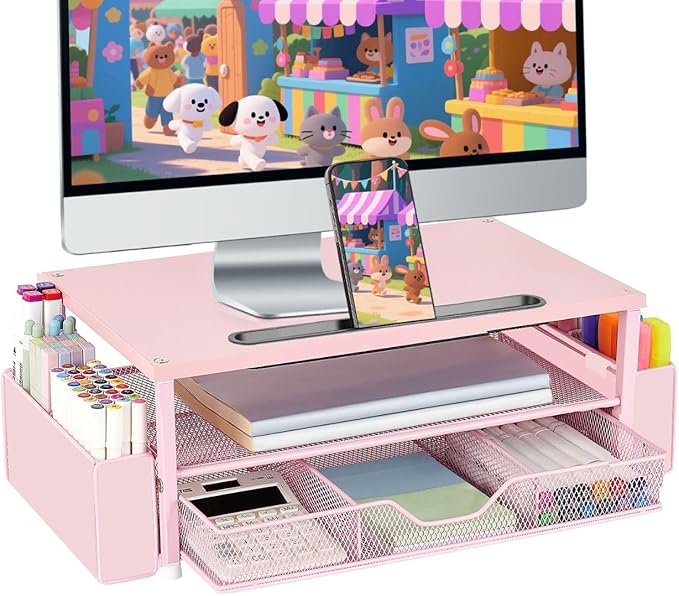 AUPSEN Pink Desk Organizers and Accessories, 2-Tier Wood Computer Monitor Stand with Drawer, Pen Storage & Phone Holder, Office Desk Accessories, Workspace Desktop Organization for Office Supplies