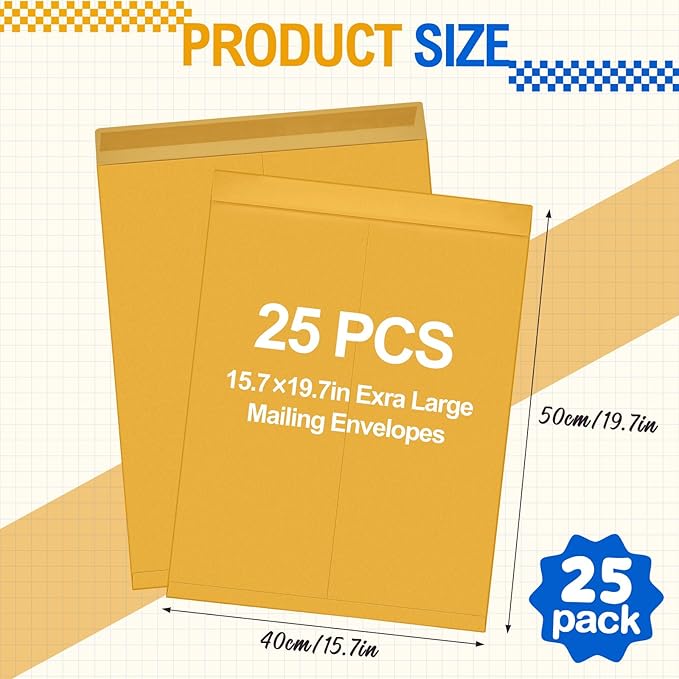 25 Pcs 16 x 20 Inch Extra Large Mailing Envelopes 32lb with Gummed Flaps, Catalog Envelopes Jumbo Craft for Mailing, Storage and Organizing Documents Office Supplie