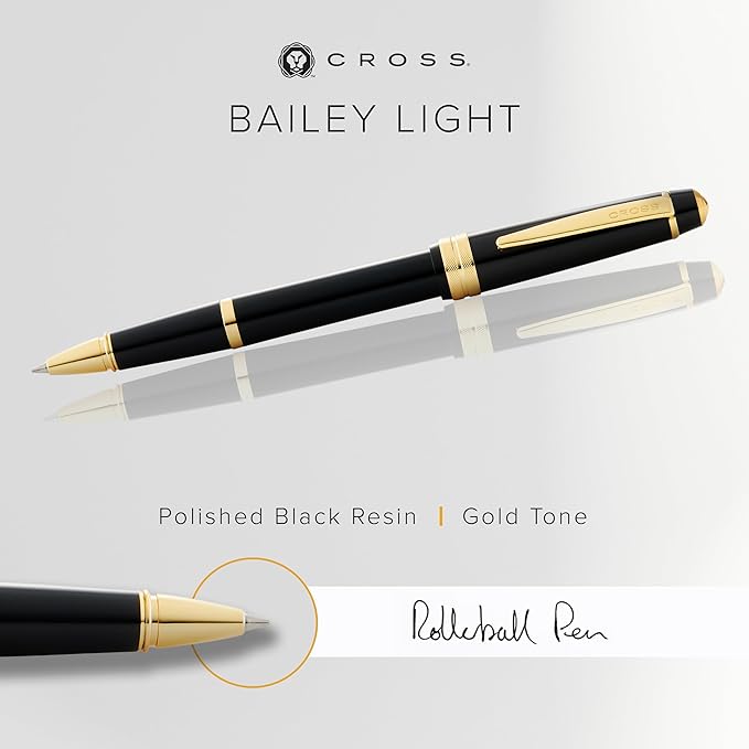 Cross Bailey Light Refillable Rollerball Pen Presented in a Everyday Gift Box - Medium Point, Black Ink, Polished Black