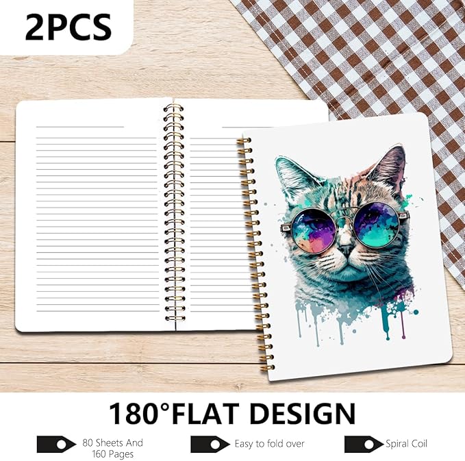 2Pcs Cute Spiral Notebook, Funny Cat College Ruled Spiral Notebook, 160 Pages Hardcover Notebooks Journals for Writing Travel Business Office, Funny Aesthetic Notebooks for Women Cat Garden