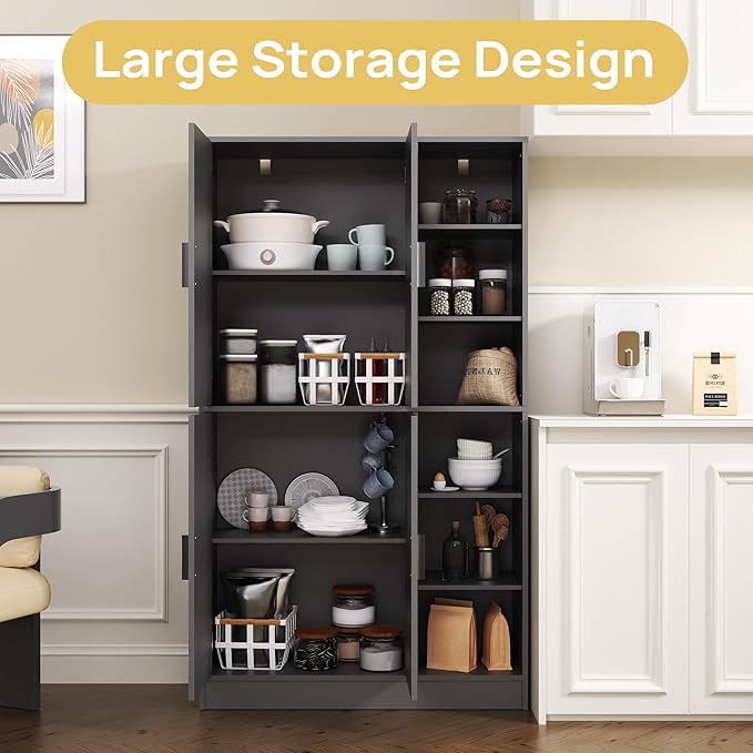 63" Tall Black Kitchen Pantry, Freestanding Storage Cabinet with 4 Doors, Adjustable Shelves for Dining Room, Laundry Room