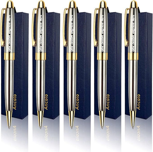 Ancolo Personalized Luxury Ballpoint Pen Writing Set-Stainless Steel Fancy pens Custom with Your Name or Message, Perfect for Students/Teacher/Manager/Lawyer/Professor 5PCS/Pack