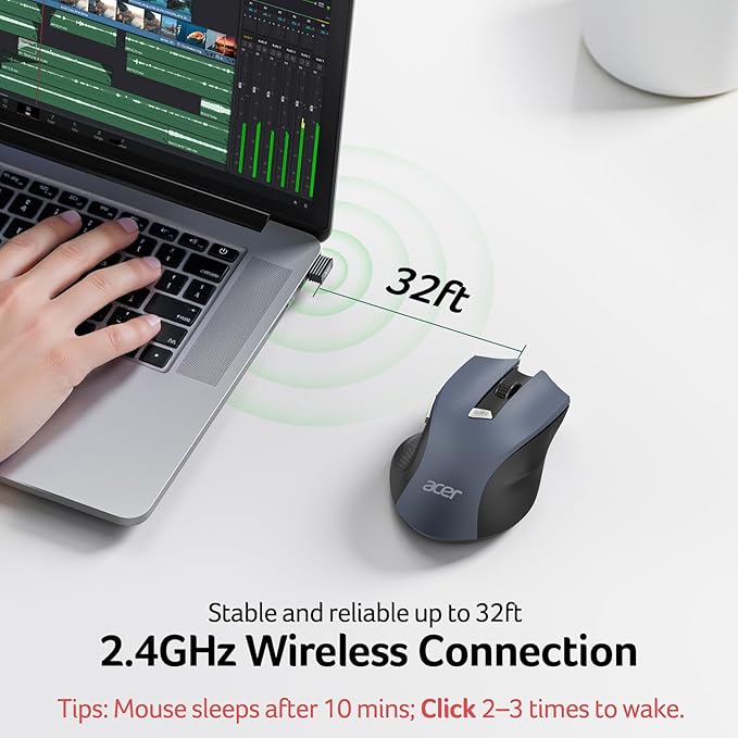 acer Wireless Mouse for Laptop, 2.4GHz Computer Mouse 3 Adjustable DPI Office Cordless USB Mice with USBA Receiver, 6 Buttons, 1600 DPI, Medium to Large Sized Hands Compatible with PC, Laptop, Desktop