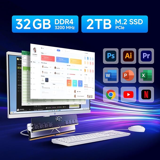 HP All in one Desktop Computer, 21.5" FHD Display, 32 GB RAM, 1 TB SSD, Intel Celeron J4025, Webcam, Intel UHD Graphics, Wi-Fi 6, Bluetooth, HDMI, Windows 11 Pro, Wired KB & Mouse, w/RH-Accessories