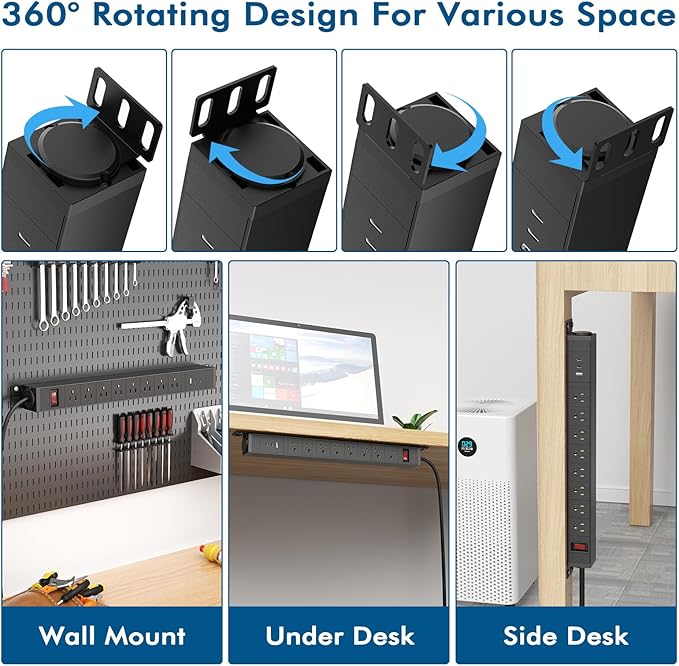 8 Outlet Metal Wall Mount Power Strip,360° Rotatable Mounting,PD 20W USB C Fast Charging,Surge Protector Powerstrip with 6FT Cords,15A 1875W, for Home Office Industrial Garage Commercial