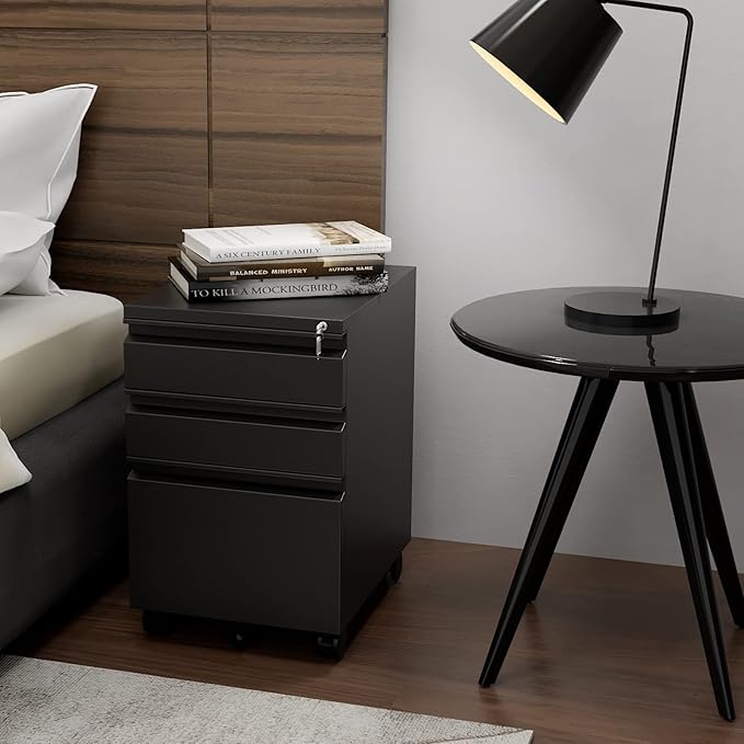 3 Drawer File Cabinet with Wheels, Metal Filing Cabinet with Lock, Office Rolling File Cabinets for A4/Legal/Letter Size, Assembly Required, Black