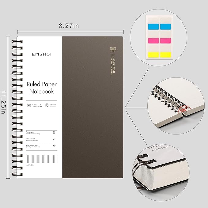 EMSHOI A4 Spiral Notebook, 11.2" X 8.27", College Ruled Lined Journal, 300 Pages/150 Sheets, Easy Tear Perforated Pages, 100gsm Thick Paper, Waterproof Softcover, for School Work Writing-Coffee