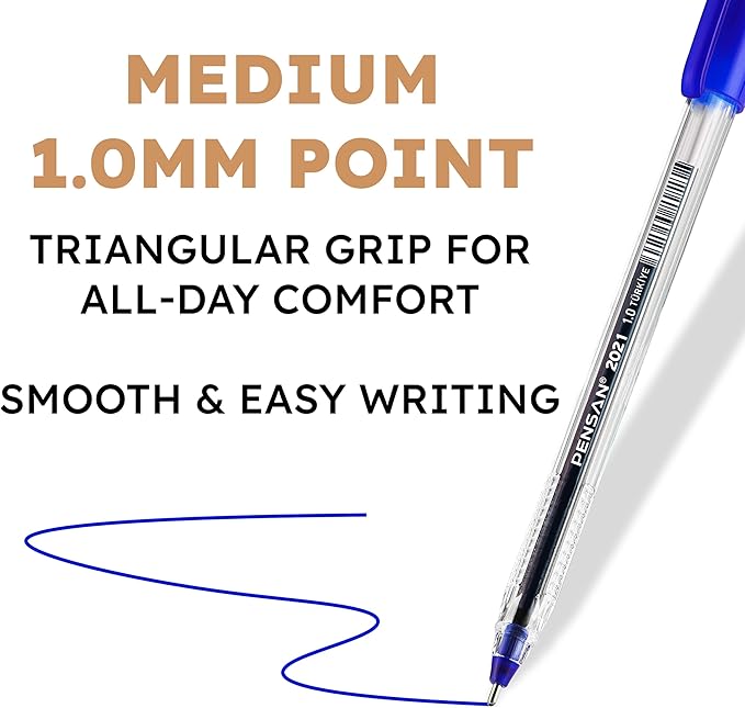 Blue Ballpoint Pens,1.0 mm Medium Point, Blue Pens, Ergonomic Triangle Grip, Smooth Writing, 300-Count Pack of Bulk Pens
