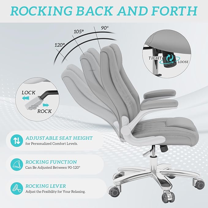 GYI O205P High Back Executive Office Chair, Big and Tall Office Chair 400LBS with Rubber Wheels,Ergonomic Adjustable Computer Desk Chairs with Padded Flip-up Armrests,Lumbar Support (Grey)