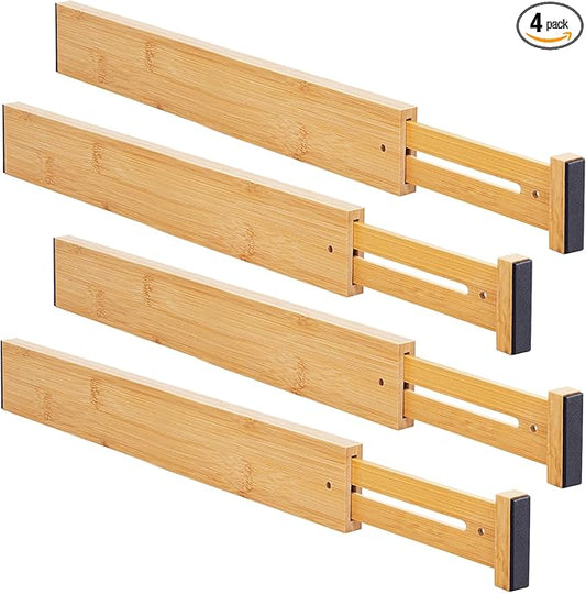 Bamboo Drawer Organizers 4 Pack, 17-22" Adjustable Spring Loaded Dividers for Kitchen Utensils, Silverware, Clothes, Dresser, Bathroom and Office Storage
