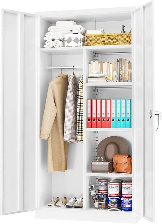 Greenvelly Metal Storage Cabinet Locker with Locking Doors,72" Metal Wardrobe Cabinet, Steel Storage Wardrobe with Hanging for Home Office, Garage, School, Gym（White 36" ×18"）