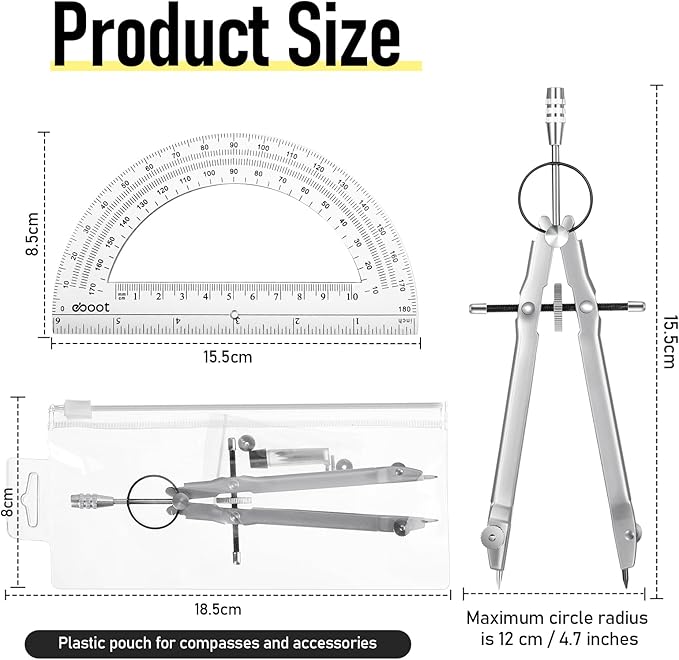 EBOOT Student Geometry Math Set, Drawing Compass and 6 Inch Clear Swing Arm Protractors 180 Degree Math Protractor (Silver)