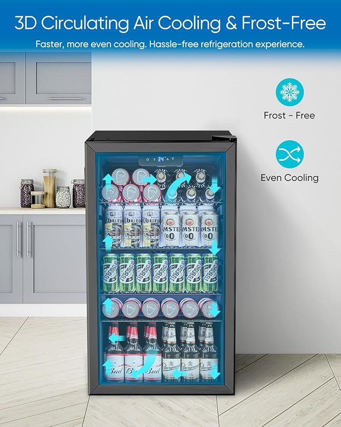Beverage Refrigerator and Cooler - 126 Can Mini Fridge Glass Door for Soda Beer Wine - Freestanding Beverage Fridge for Bedroom Office Bar, 4 Adjustable Shelves, 3.2 Cu.Ft, Black