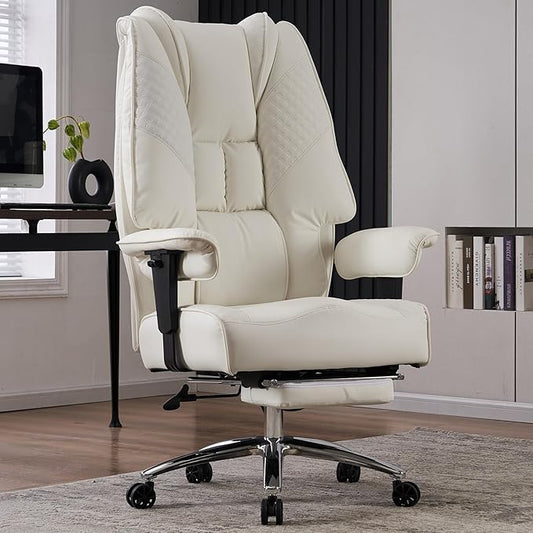 Big and Tall Office Chair 400lbs Wide Seat, Leather High Back Executive Office Chairs with Foot Rest, Ergonomic Lumbar Support for Lower Back Pain Relief (White)
