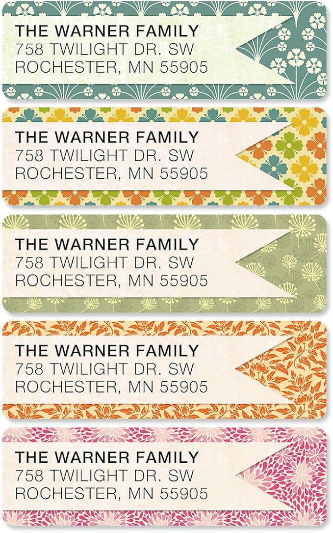 Blossom Banner Rolled Personalized Return Address Mailing Labels with Dispenser, Set of 250, 5 Designs, Small ¾ x 2½ Inch Size, Custom Self-Adhesive Sticker Roll, by Colorful Images