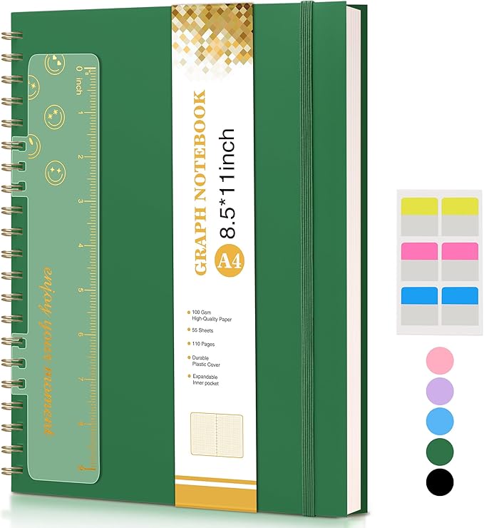 Graph Paper Notebook, Spiral Notebook Journal 8.5” x 11”, A4 Large Grid Notebooks for Women Men, 100 GSM Graph Paper, Plastic Hardcover Spiral Graphing Journals for Work School Engineerin, Green
