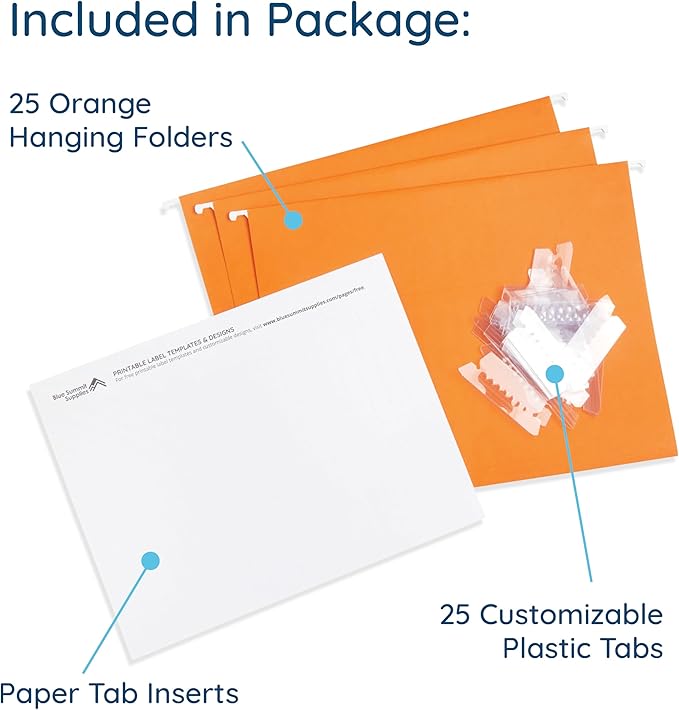 Blue Summit Supplies Hanging File Folders, 25 Reinforced Hang Folders, Designed for Home and Office Color Coded File Organization, Letter Size, Orange, 25 Pack