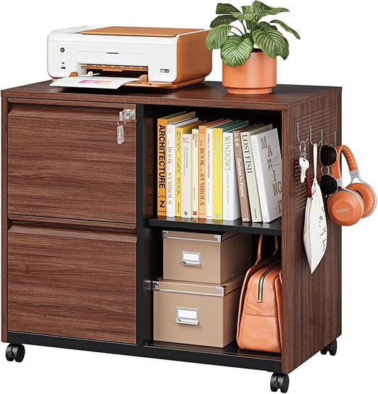 2 Drawer Mobile File Cabinet,Metal File Cabinet with Lock，Lateral Printer Stand Filling Storage Cabinet for Home Office-A4/F4/Letter（Wood
