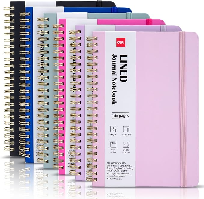 deli 6-Pack Lined Spiral Journal Notebook, 160 Pages, A5 (5.5"x8") Hardcover Writing Notebook, College Ruled Spiral Bound Journal for Women & Men - Perfect for Work, School, Office & Note Taking