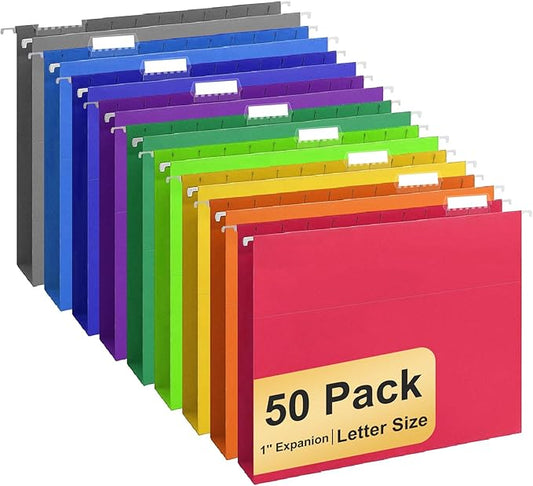Hanging File Folders, 50 Pack Letter Size Hanging File folders with 1/5-cut Tabs, Stay Organized for Your Home and Office Bulk File, Documents and Paper, 10 Colors