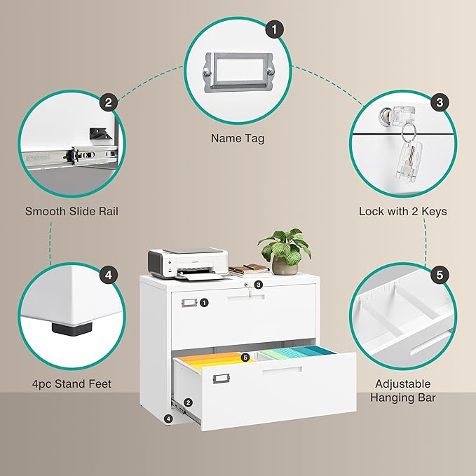 2 Drawer Lateral File Cabinet with Lock,White Lateral Filing Cabinet,Horizontal Metal Filing Cabinets,Locked Wide File Cabinets for Office Home,Fit A4/F4/Letter/Legal File,-Assembly Required