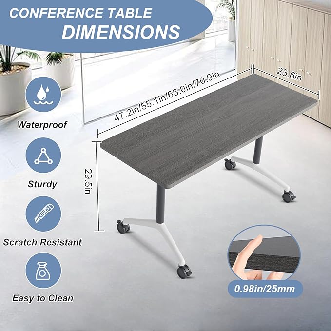 Folding Conference Table, Mobile Training Table for Office Conference, Modern Modular Rectangular Work Desk Meeting Seminar Work Tables with Caster Wheels, Large Breakroom Tables (10Pack L70.9in)