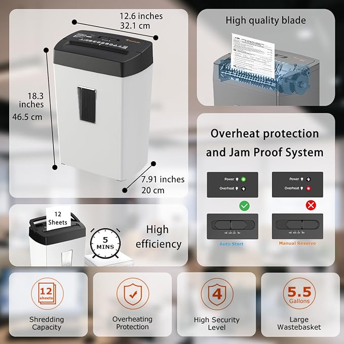 Bonsaii Heavy-Duty Shredder, Up to 12 Sheets, P-4 high Security, Credit Cards, Mail, & Staples, 5.5-Gallon bin with a Transparent Window, Suitable for Heavy-Duty use in Home Offices, White & Black