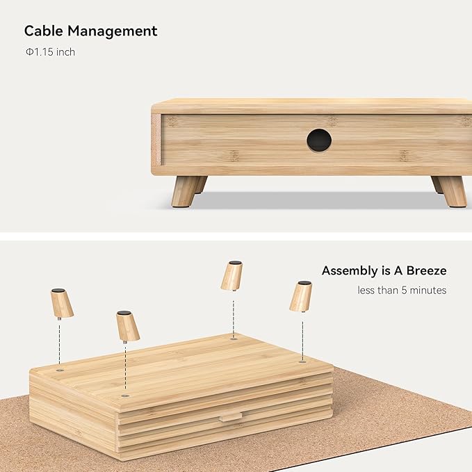 Bamboo Monitor Stand with Drawer - Desk Organizer with Cable Management & Storage, Ergonomic Laptop Riser for Home Office (220lbs Capacity, 15.7 inch ,Natural)