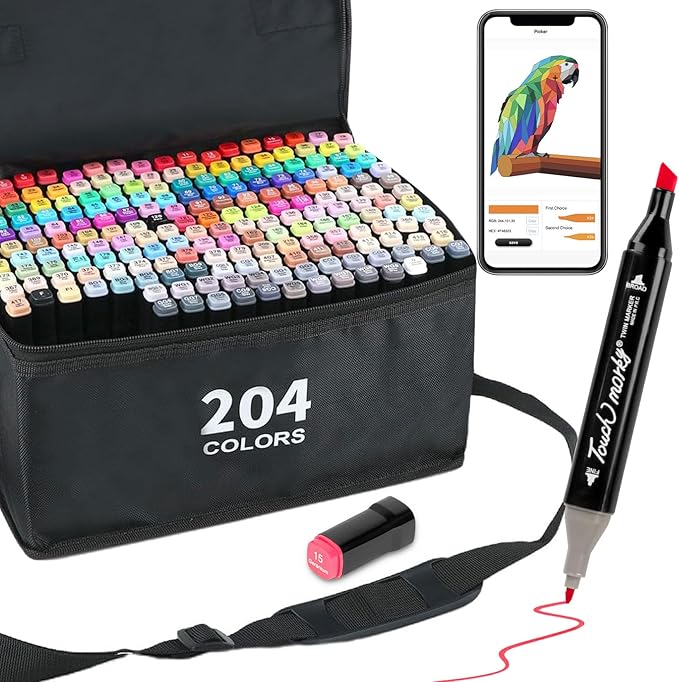 204 Colors Alcohol Markers with Free App, Chisel Tip and Fine Tip, Dual Tip Alcohol-Based Marker set for Artist Adults, Art Markers for Painting, Coloring, Sketching and Drawing,Great Gift Idea