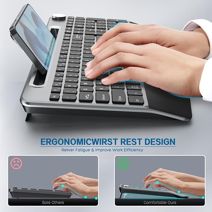 Ergonomic Wireless Keyboard with Wrist Rest-Low-Profile,Phone/Tablet Holder,Quiet Design，Windows & Mac OS，Full Size Cordless USB Computer Keyboard for Desktop,Laptop, PC, Mac, Windows-Black