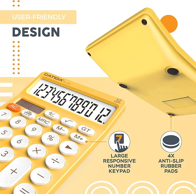 CATIGA 12 Digit Desktop Calculator Basic Desk Calculator with Large LCD Display, Big Buttons, 4 Function, Solar and Battery Dual Power, for Office, School, Home, SD-1292 Yellow