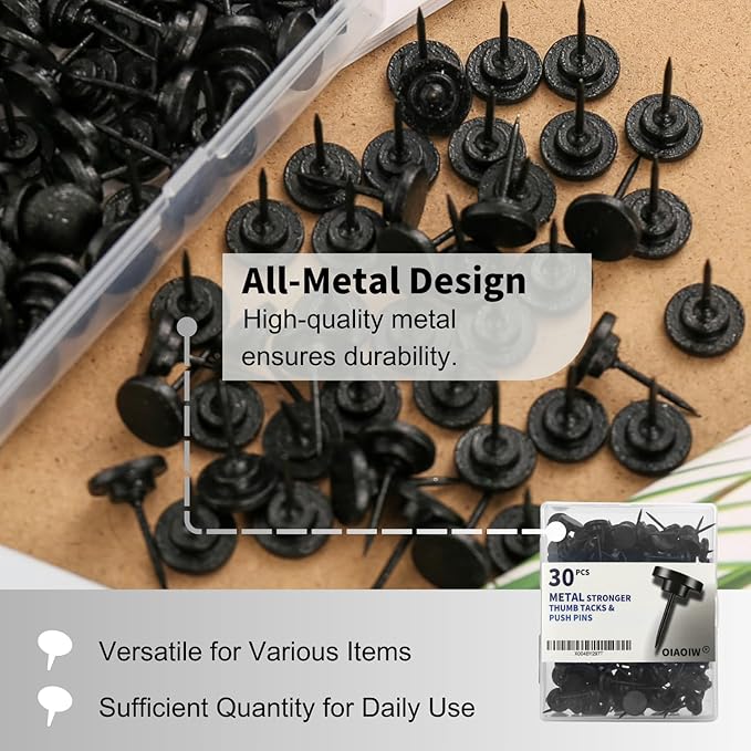 30 PCS Metal Black Push Pins for Wall Clear Thumb Tacks for Walls Flat thumbtacks Push pin for Bulletin Board Shadow Box Display Thumbtack for Cork Board