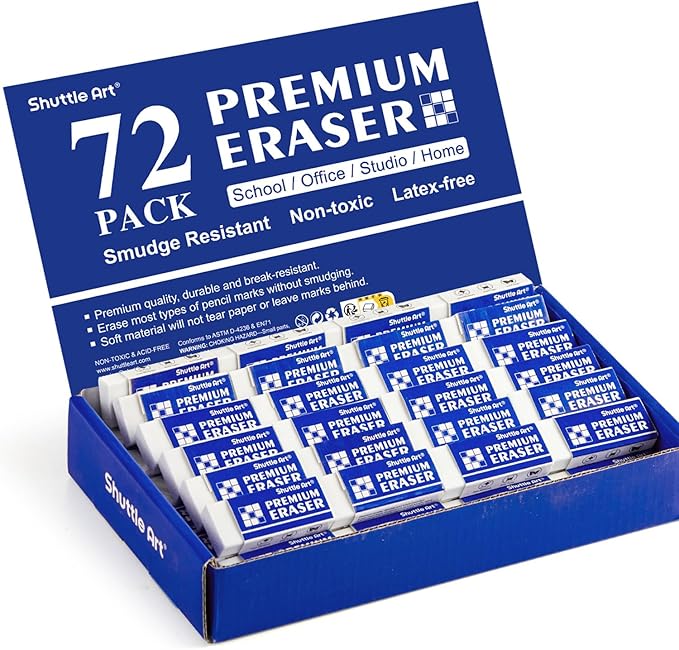 Erasers, Shuttle Art 72 Pack Premium Erasers Bulk, White Eraser Classroom Set for Kids Teachers as School and Office Supplies