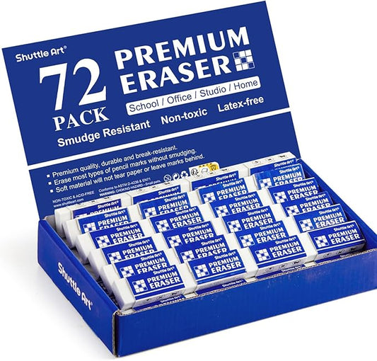 Erasers, Shuttle Art 72 Pack Premium Erasers Bulk, White Eraser Classroom Set for Kids Teachers as School and Office Supplies