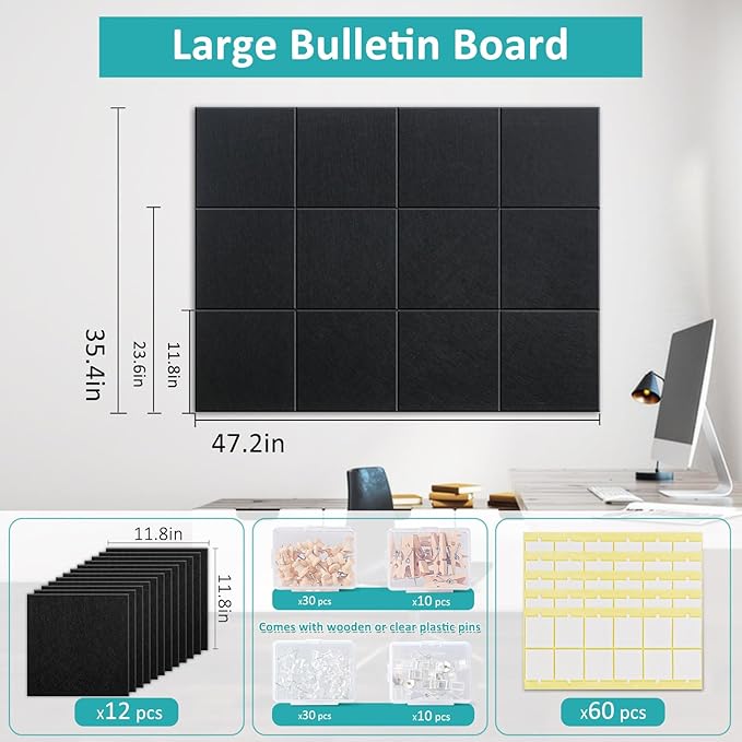 Black Cork Board 48" x 36" - 12 Pack Felt Wall Tiles with Safe Removable Adhesive Tabs - Large Cork Board for Office Classroom Home Walls Decor - Black