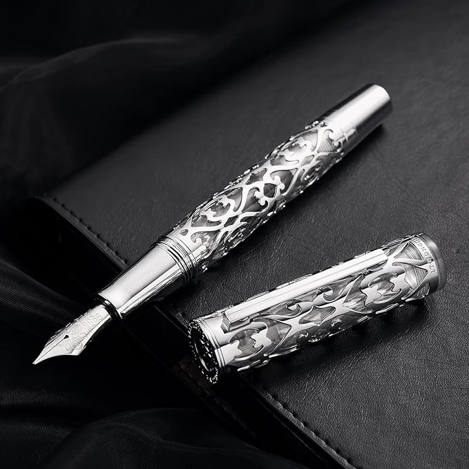 Hongdian D1 Piston Fountain Pen Extra Fine Nib, Hollow Skeleton & Resin Pen with Metal Case Set (Silver)