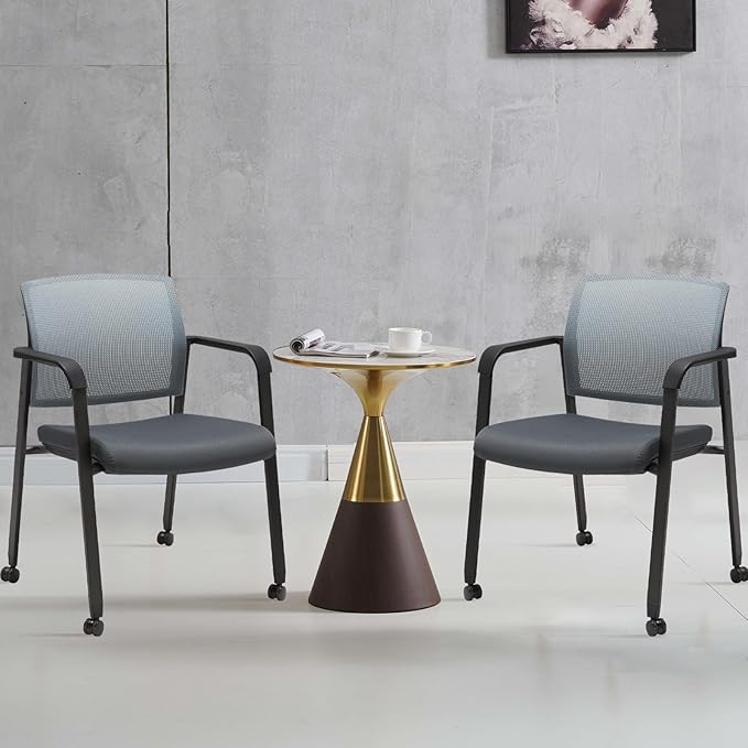 CLATINA Mesh Back Stacking Arm Chairs with Upholstered Fabric Seat and Ergonomic Lumbar Support for Office School Church Guest Reception (WithWheels Gray- 4 Pack)