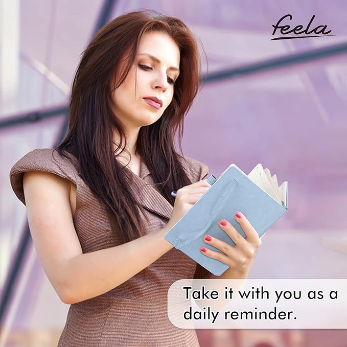 feela 3 Pack Notebooks Journals Bulk, Hardcover Notebook Classic Ruled Lined Journals with Pen Holder for Women Girls School Business Supplies, with 3 Black Pens, 120 GSM, 5.1”x8.3”, A5, Light Blue