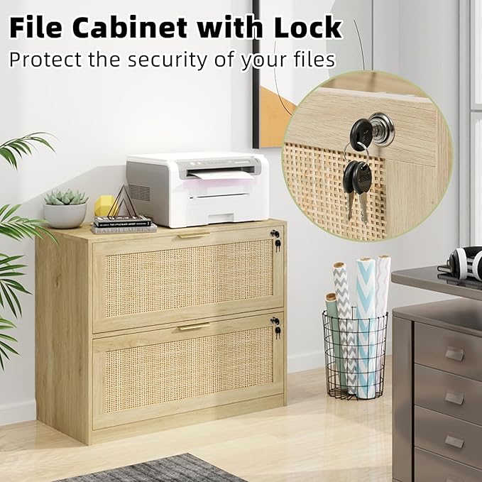 HOPUBUY 2 Drawer File Cabinet with Lock, Printer Stand Lateral Filing Cabinets for Home Office and School, Wood Rattan File Cabinet for Hanging Files/Letter/Legal/A4/F4 Size, Oak
