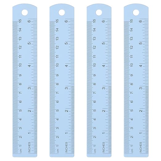 HARFINGTON 4pcs Metal Straight Ruler 15cm Metric SAE Aluminum Alloy Measuring Rulers Scale Tool with Hole for Measure Study Reading Classroom Office, Light Blue