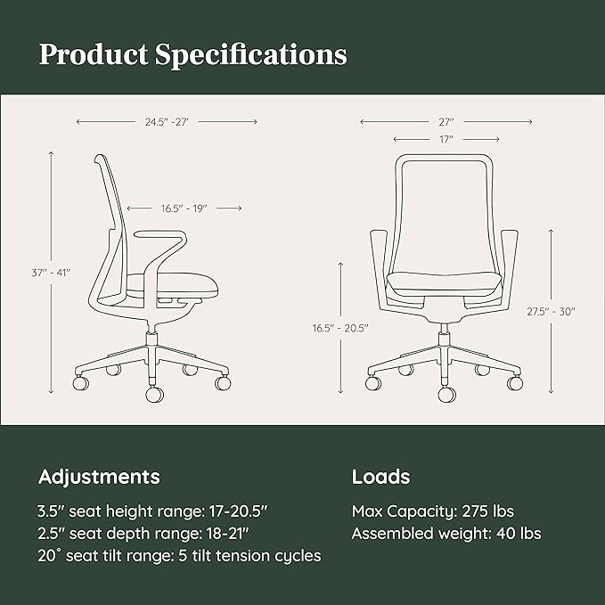 Branch Verve Chair - High Performance Executive Office Chair with Contoured Seat Back and Adjustable Lumbar Rest - High Density Foam Cushion with Aluminum Base - Up to 275 lbs - Wheat