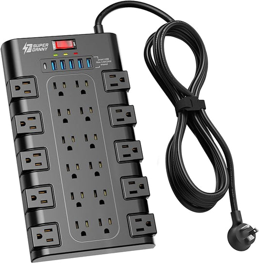 Extension Cord 10 Ft, SUPERDANNY Power Strip Surge Protector with 6 USB Charging Ports and 22 AC Outlets, 1875W/15A, 2100 Joules, Flat Plug Power Outlet for Home, Office, Dorm, Gaming Room, Black