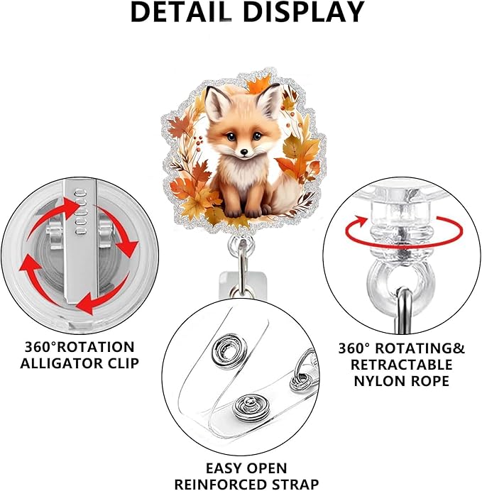 Cute Animal Badge Holders Fall Badge Holder with 360 Swivel Alligator Clip Acrylic Fox Badge Clip Designs Autumn Leaves Badge Reel ID Card Holders Name Card for Teacher Nurse Doctor Worker