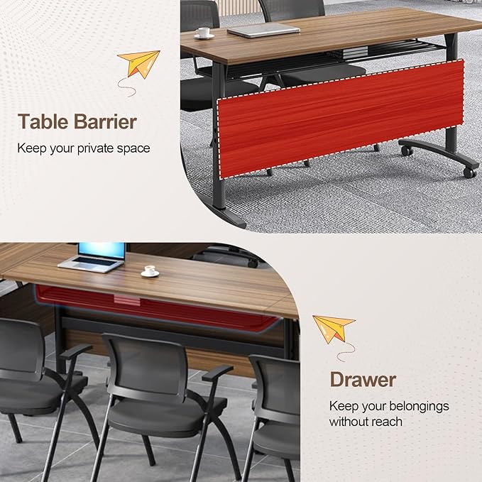 Folding Conference Room Table, Modern Conference Tables with Wheels, Large Rectangular Mobile Training Tables for Office Classroom, Foldable Modular Boardroom Seminar Table Walnut (6pack L47.2in)