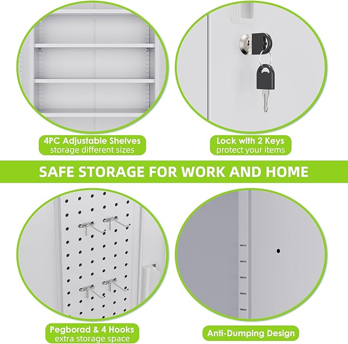 Aobabo 73''H Garage Storage Cabinet with Wheels,Office Storage Cabinet with Lock,Steel Cabinet with 2 Doors and 4 Adjustable Shelves for Garage Office,Required-Assembly White