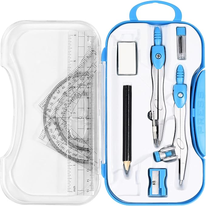 10 Pieces Math Geometry Kit Set Student Supplies with Shatterproof Storage Box,Includes Rulers,Protractor,Compass,Eraser,Pencil Sharpener,Lead Refills,Pencil,for School and Drawings（Blue）