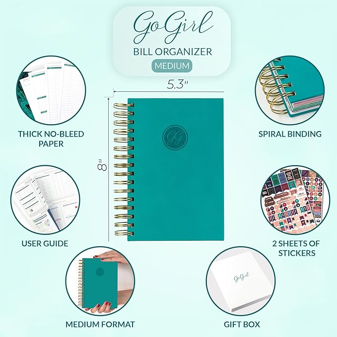 GoGirl Budget Planner & Monthly Bill Organizer – Monthly Financial Book with Pockets. Expense Tracker Notebook Journal, Compact (Turquoise)