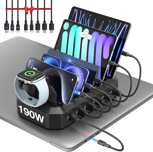 190W Fast Charging Station for Multiple Devices【Efficient & Safe Charging】 6 Port USB Charger Station - Family Multi-Device Organizer Charging Dock Compatible with iPhone/Android/MacBook/iPad/Tablet